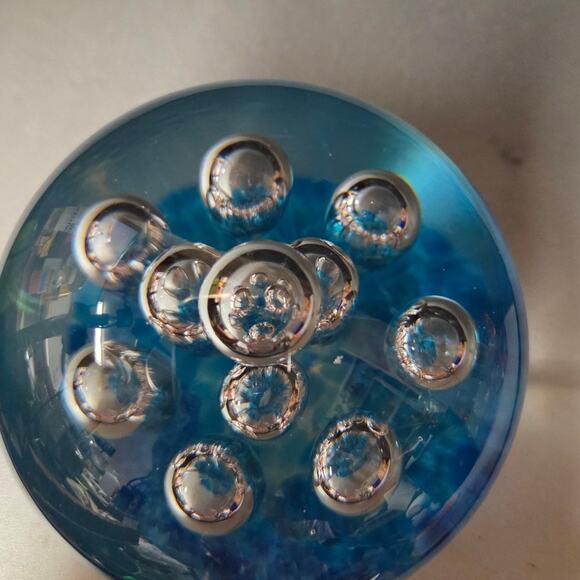 Hand Blown Art Glass Paperweight Controlled Bubble Blue Bullicante Vintage 3"X3" - Picture 2 of 4